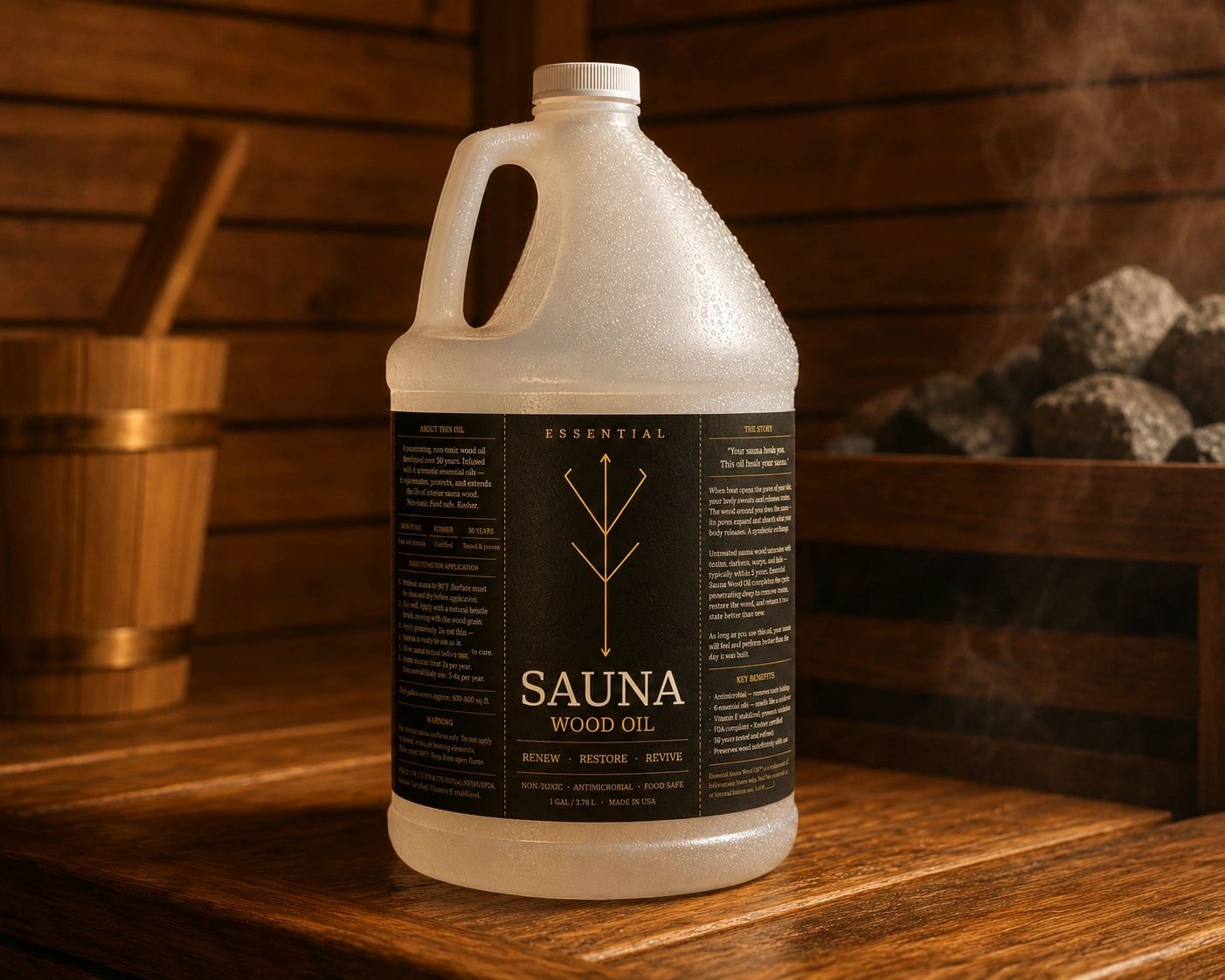 Essential Sauna Wood Oil — one gallon translucent HDPE jug with black and gold label, shown in a sauna setting